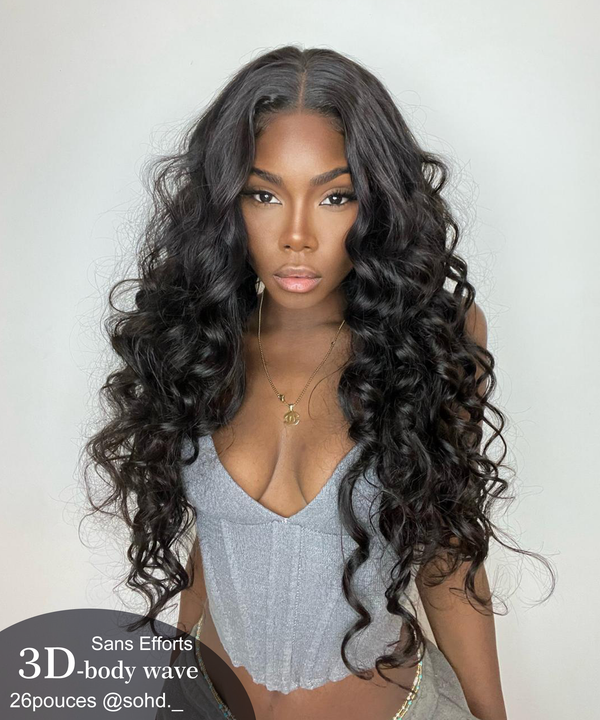 【Arc Cap】Prêt-à-Partir Sans efforts Noir Naturel Virgins Cheveux Humains 3D Body wave HD Lace 6x4 Perruque