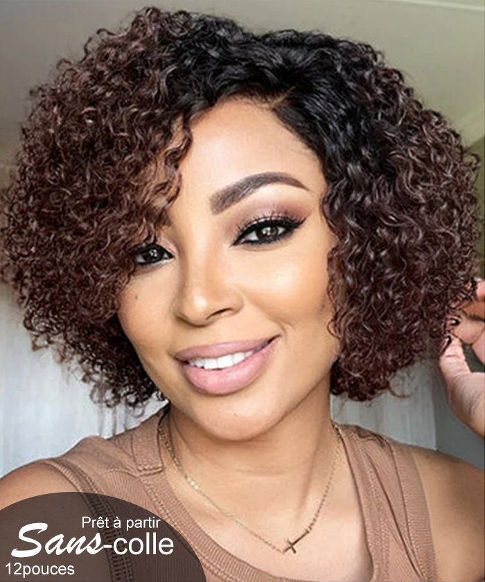 【Essential Mini Price】Ready-to-Ship Glueless Ombre Brown Human Hair 100% Kinky Curly Lace Closure Wig
